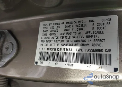 2008 Honda Accord 2.4 Ex-L из США, поврежденный, VIN 1HGCP26828A156663